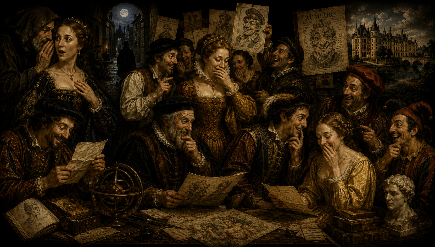 Scène de cour Renaissance — courtisans partageant rumeurs et anecdotes autour d'un astrolabe