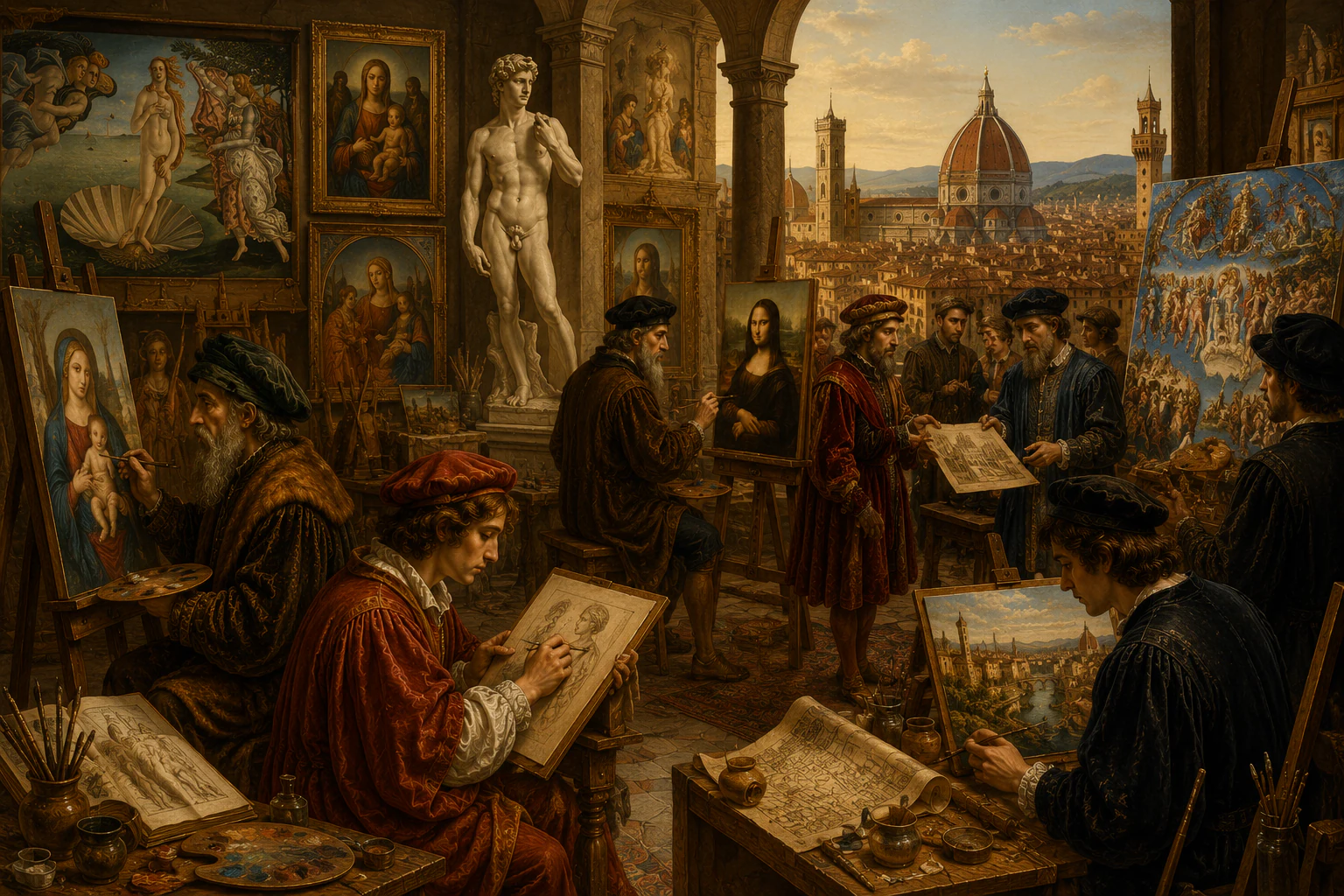 Atelier de la Renaissance italienne : maîtres peignant Vénus, David et la Joconde avec vue sur Florence
